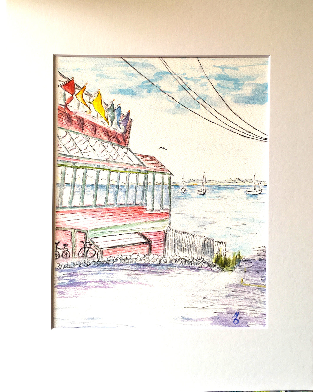 Whalers Wharf Provincetown 90's Pen & Wash Signed Print 11x14 matted