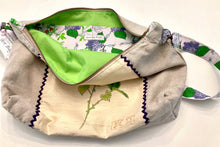 Load image into Gallery viewer, Purple Rose on Silk ART BAG 19x14 Repurposed ART, Linen Cross Body zippered Bag/Satchel/Tote
