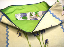 Load image into Gallery viewer, Iris Cross Body ART BAG 19x22 Cotton/Linen Hand Painted  Repurposed ART, 100% Linen outer bag
