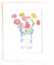 Load image into Gallery viewer, Zinnias in Vase Botanical Watercolor Print 8x10 on Hahnemuhle white mat, initialed by artist
