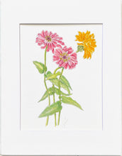 Load image into Gallery viewer, Zinnias Pen &amp; Watercolor Print 11x14 on Hahnemuhle paper with white mat
