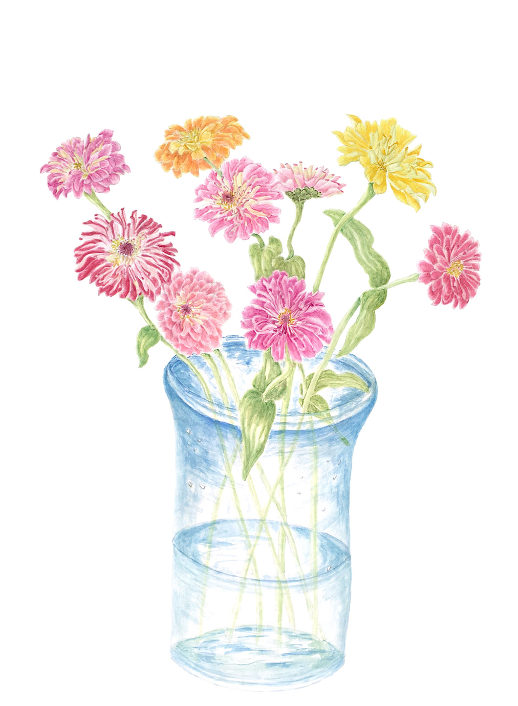 Zinnias in Vase Botanical Watercolor Print 8x10 on Hahnemuhle white mat, initialed by artist