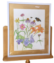 Load image into Gallery viewer, Garden Flowers Original Botanical Watercolor mounted on gold backing, white frame 17x21
