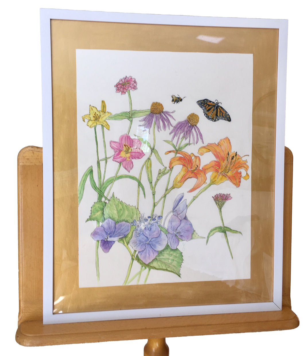 Garden Flowers Original Botanical Watercolor mounted on gold backing, white frame 17x21