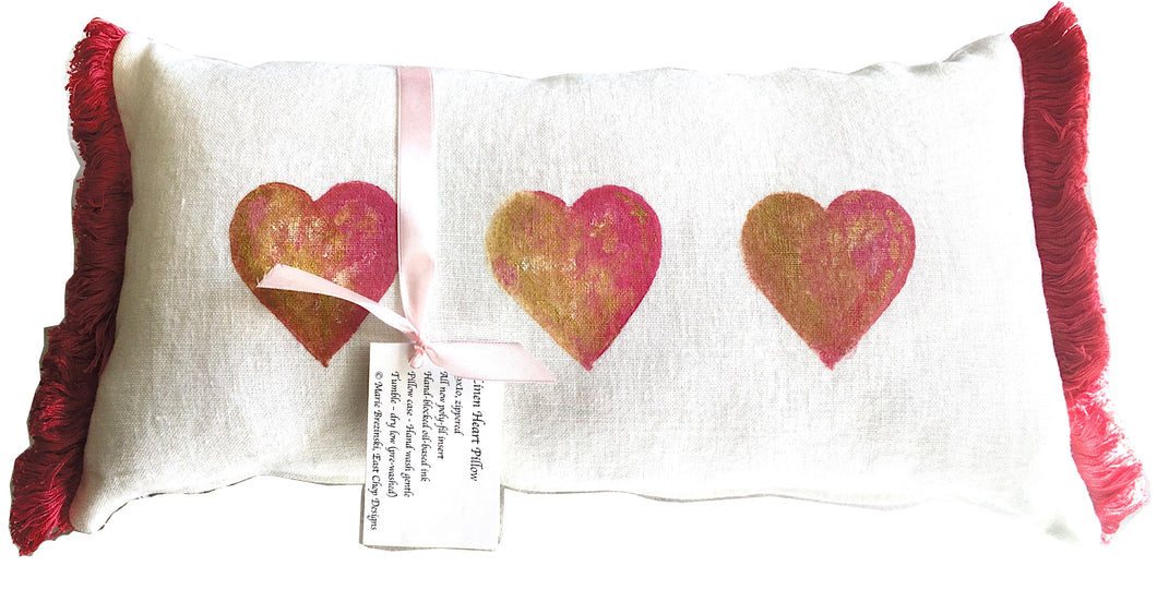 Linen Heart Pillow - hand blocked  3 heart design 19x10