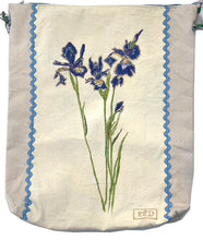 Load image into Gallery viewer, Iris Cross Body ART BAG 19x22 Cotton/Linen Hand Painted  Repurposed ART, 100% Linen outer bag
