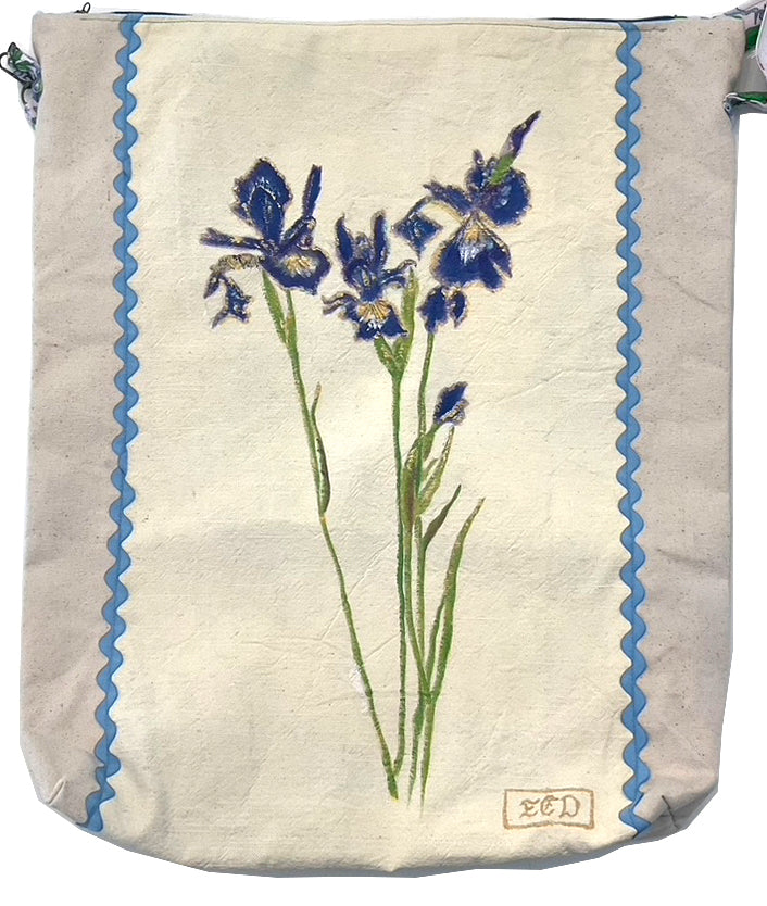 Iris Cross Body ART BAG 19x22 Cotton/Linen Hand Painted  Repurposed ART, 100% Linen outer bag