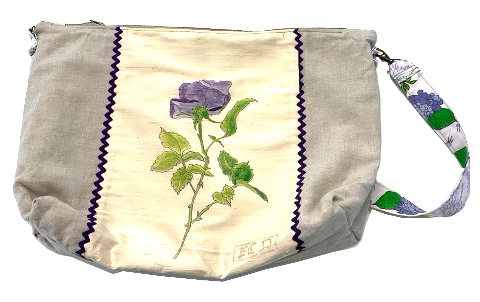 Purple Rose on Silk ART BAG 19x14 Repurposed ART, Linen Cross Body zippered Bag/Satchel/Tote